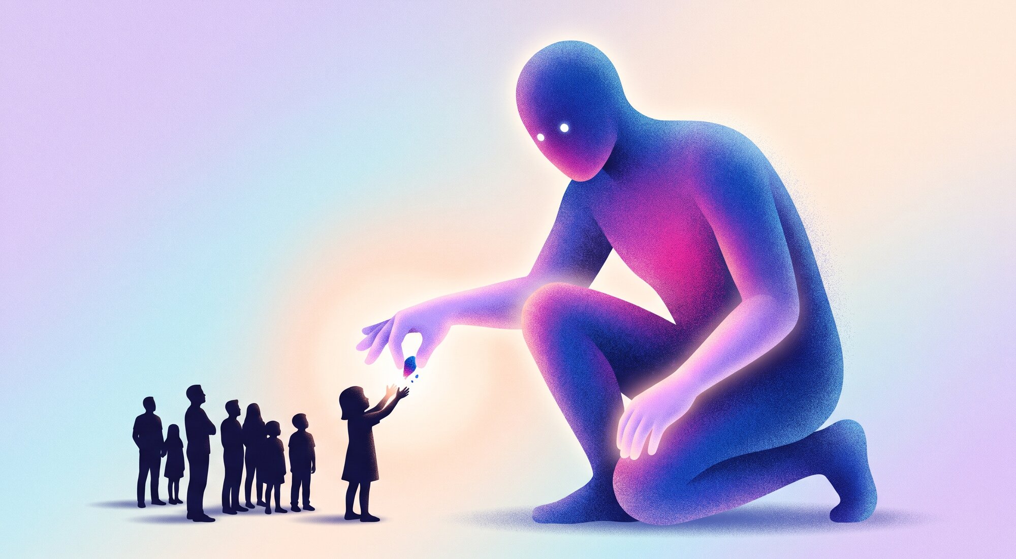 Ilustración: una figura gigante de luz azul y magenta, arrodillada, le da un fragmento diminuto de sí misma a una niña mientras otras personas miran