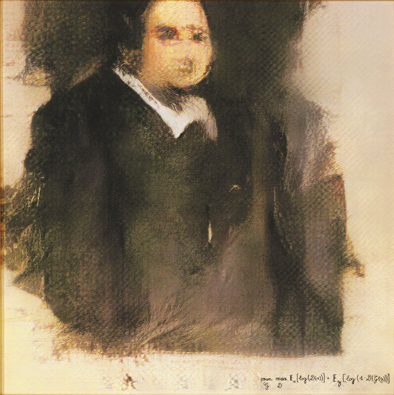 Retrato de Edmond de Belamy: un hombre de rostro borroso, con traje oscuro y cuello blanco, firmado con una fórmula matemática