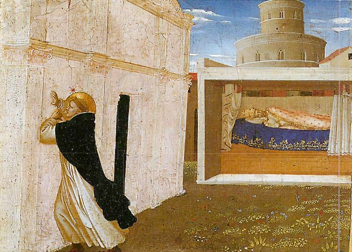 El sueño de Inocencio III, de Fra Angelico: el fraile de capa negra sostiene la iglesia junto a una puerta negra