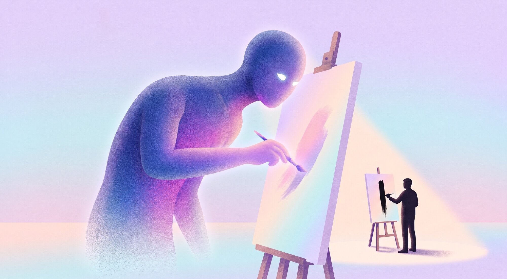 Ilustración: una figura gigante de luz azul y magenta, inclinada sobre su caballete, pinta un lienzo en tonos pastel mientras, a la derecha y bajo un haz de luz, una persona pequeña pinta una sola franja negra en su lienzo