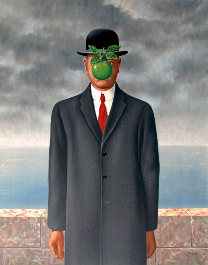 El hijo del hombre, de Magritte: un hombre de traje y bombín con una manzana verde delante de la cara